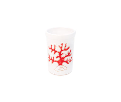 Bicchiere / portaspazzolino artigianale con corallo rosso in ceramica sarda realizzato nel Laboratorio Terra Sarda Ceramiche a Siniscola