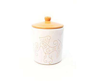 Barattolo da cucina artigianale con gallinella in ceramica sarda realizzato nel Laboratorio Terra Sarda Ceramiche a Siniscola